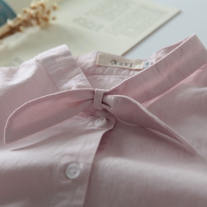 2018春天新款女装白衬衫全棉兔耳朵立领文艺修身衬衣女长袖上衣