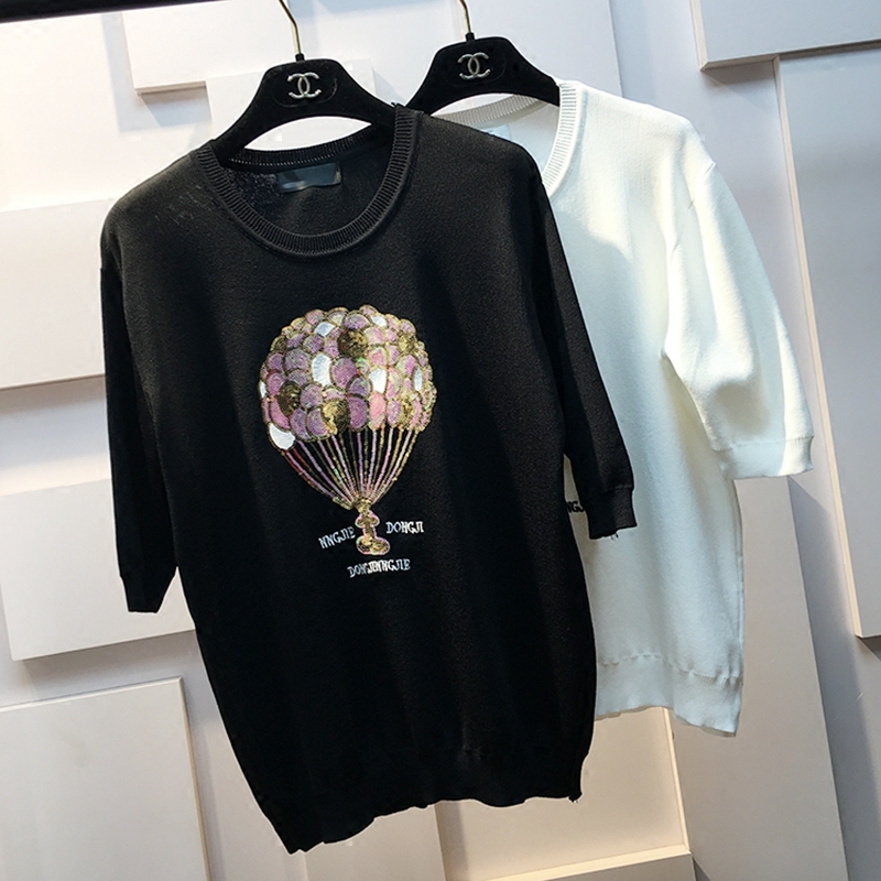 春季新款小清新甜美上衣大码宽松冰丝中袖针织衫女套头T恤韩版