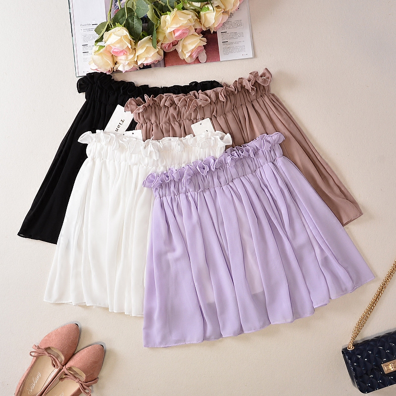 0木耳边花苞松紧雪纺百褶半身裙