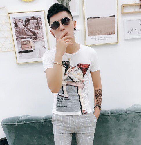 夏季修身短袖潮青年印花痞帅T恤