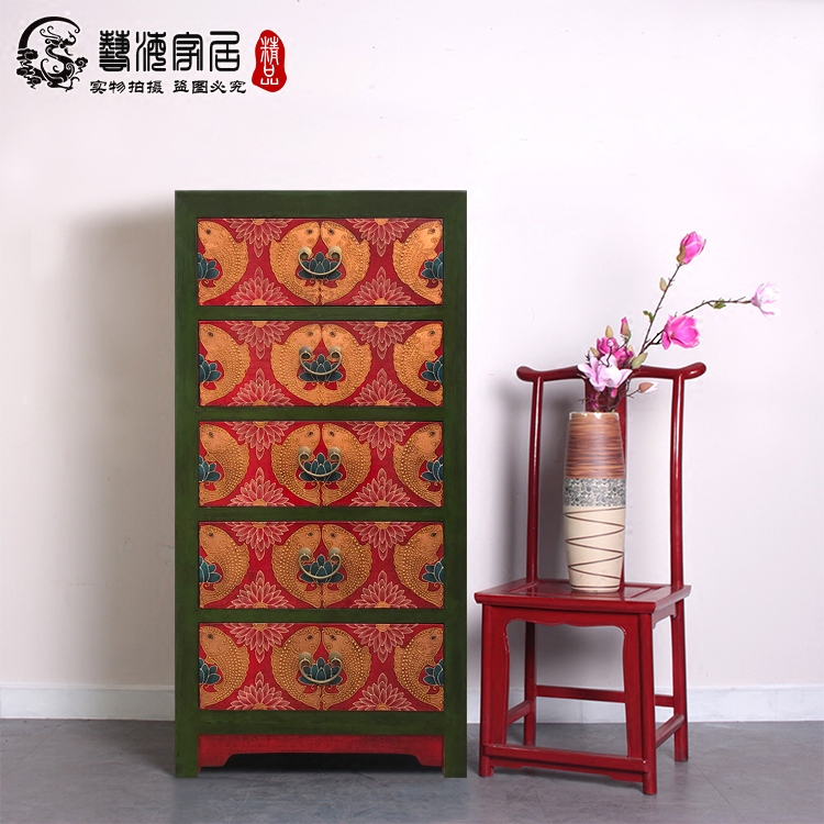 彩绘复古斗柜实木收纳储物卧室客厅玄关柜边柜藏式新古典5斗柜