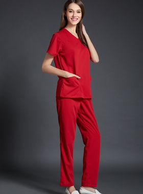 玫绮格喜庆红欧美女装短袖修身洗手衣套装口腔整形美容医院刷手服