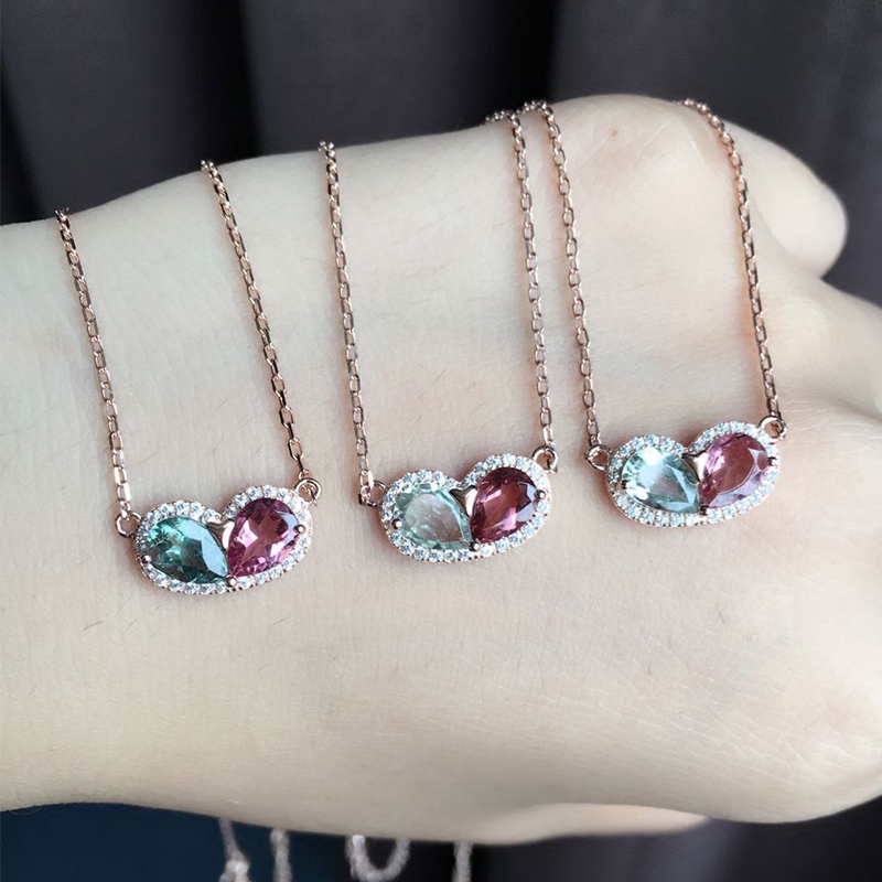 小肥珠宝 925纯银镀18K玫瑰金镶嵌天然碧玺项链 心心相印吊坠