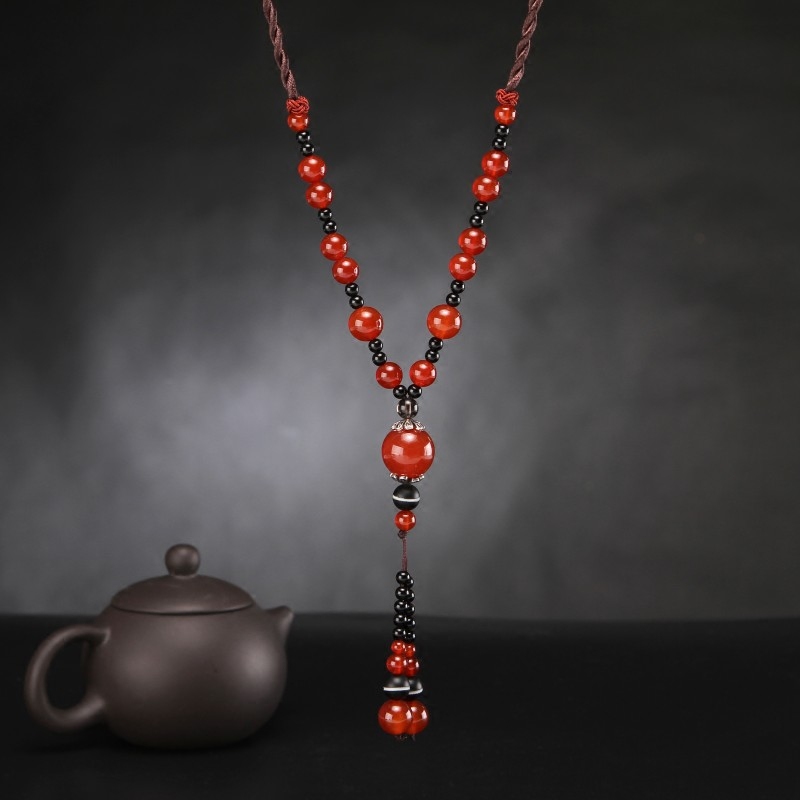 复古玛瑙项链民族风长款毛衣链女2026新款简约气质文艺棉麻配饰品