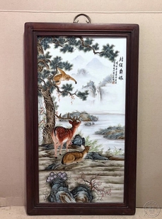 名家手绘仿古粉彩动物风侯爵禄竖形挂画 景德镇陶瓷瓷板画壁画中式