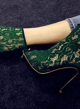 silla rulers鱼嘴女鞋凉靴超高跟绿色蕾丝网鞋11厘米10厘米蓝色