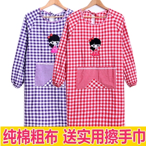 家用厨房做饭围裙女韩版时尚罩衣长袖粗布全棉成人防油带袖反穿衣