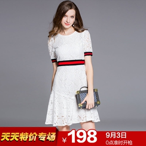 2016夏季品牌女装名媛修身显瘦收腰镂空蕾丝鱼尾下摆短袖连衣裙