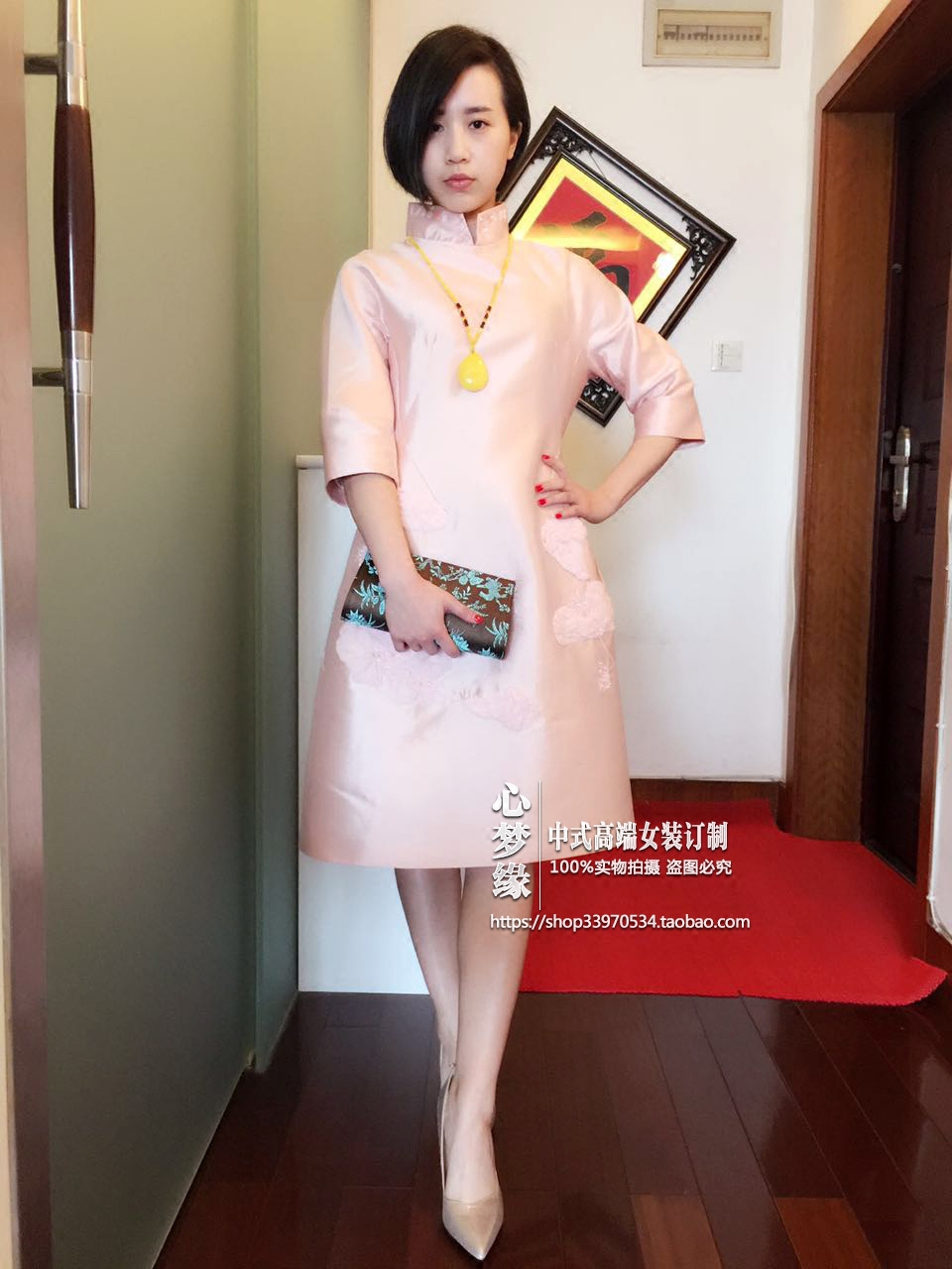 高端推荐纯手工刺绣重磅真丝中式小收腰连衣裙上衣礼服裙