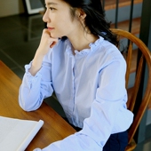 韩版 春秋新款 女衬衫 条纹木耳领花边袖 宽松花边领百搭显瘦上衣 长袖