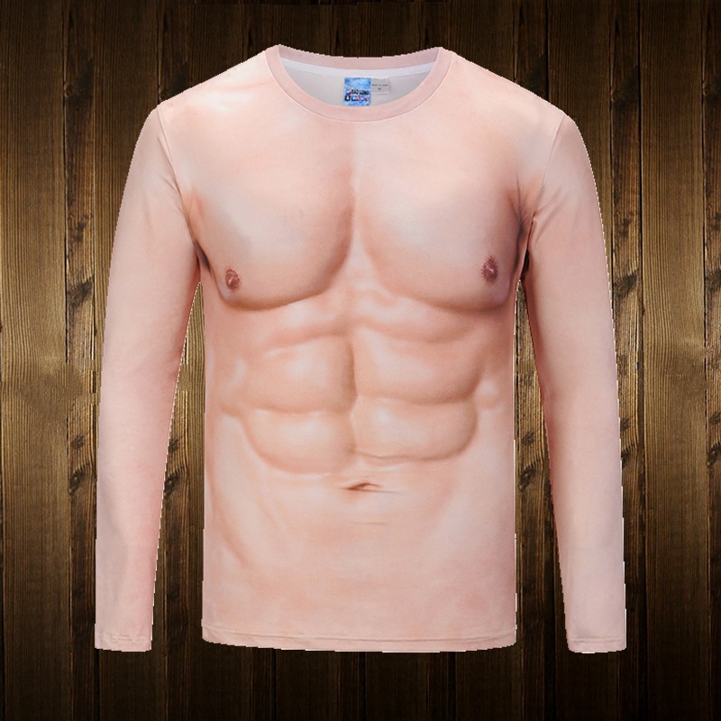 欧美3d立体肌肉男长袖湿身T恤恶搞个性沙滩渡假腹肌另类印花衣服