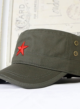 复古怀旧红五角星帽子男士纯棉平顶帽军绿色遮阳鸭舌帽户外太阳帽