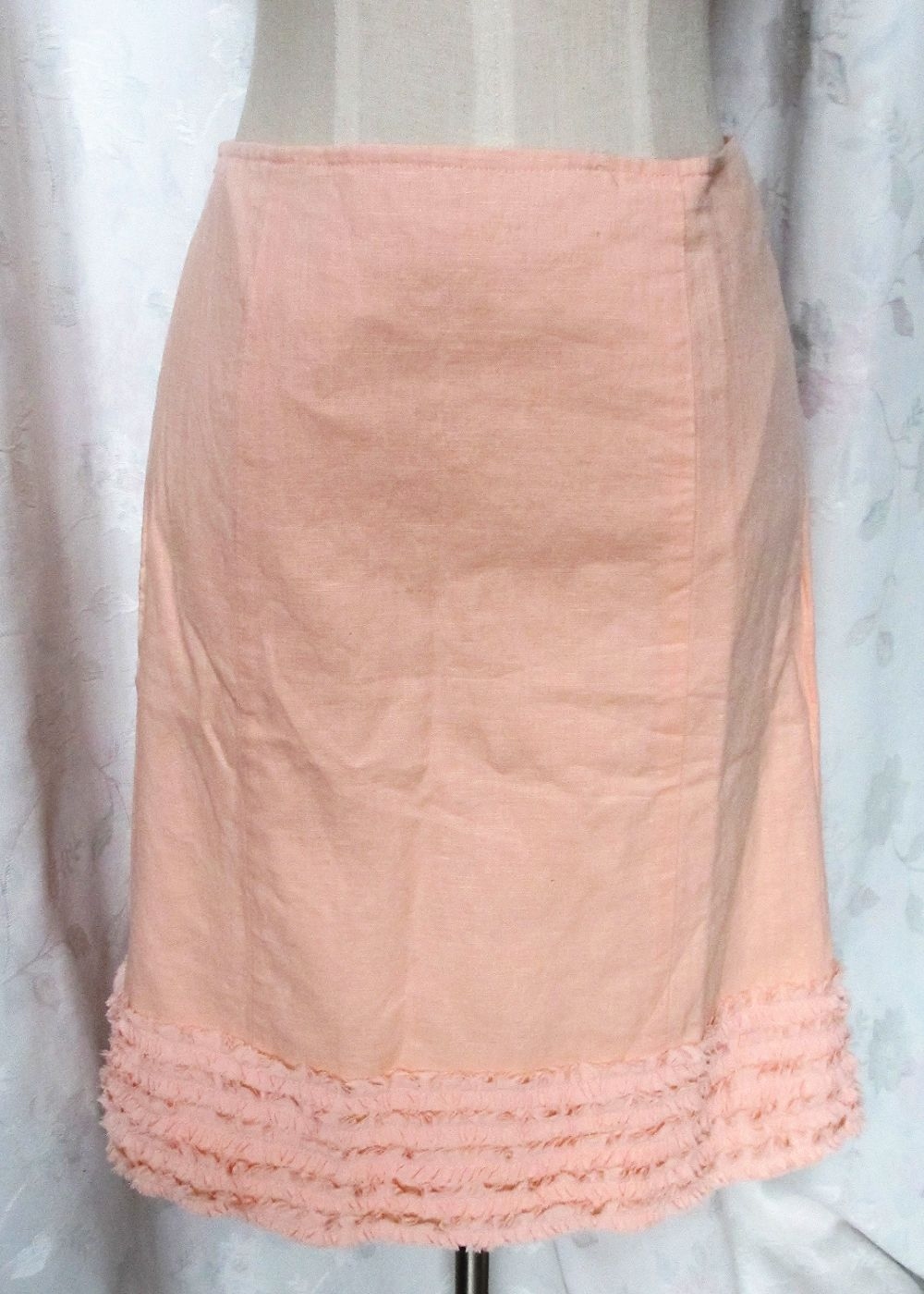 瑞丽风格正品甜美糖果色淡桔色/橘色波浪花边棉麻中裙