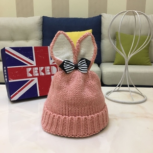 儿童保暖针织帽子兔耳朵加厚加绒毛线帽男女童帽秋冬宝宝套头帽潮