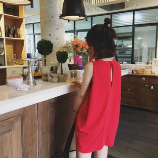 【TWIN-MOD】独家 极简港味明线露背无袖背心红色宽松显瘦连衣裙