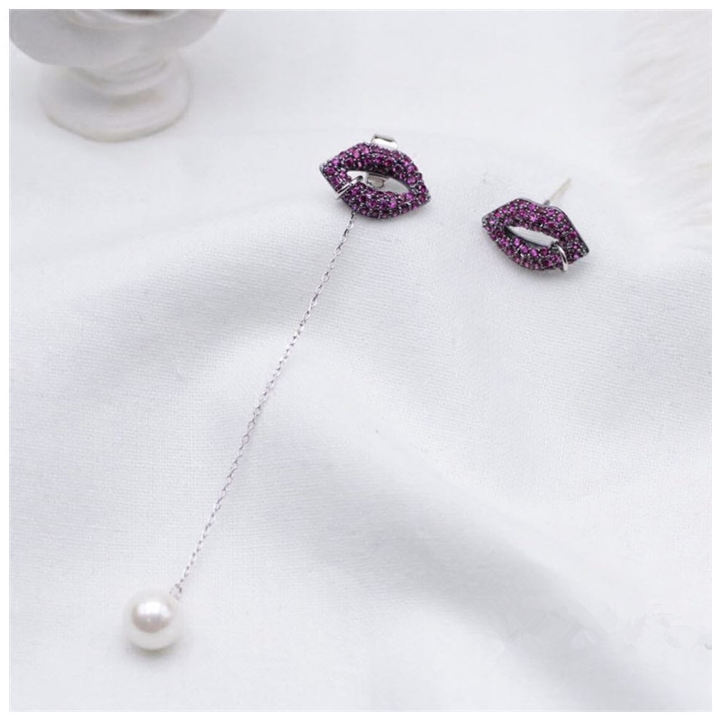 韩国气质简约镶满钻嘴唇不对称长流苏耳环女个性耳钉耳坠耳饰品