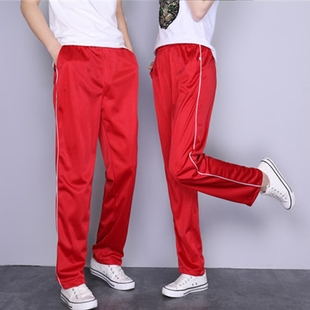 校裤 春夏两道杠红色中学生校服裤 子光面滑料小学生细白条运动长裤