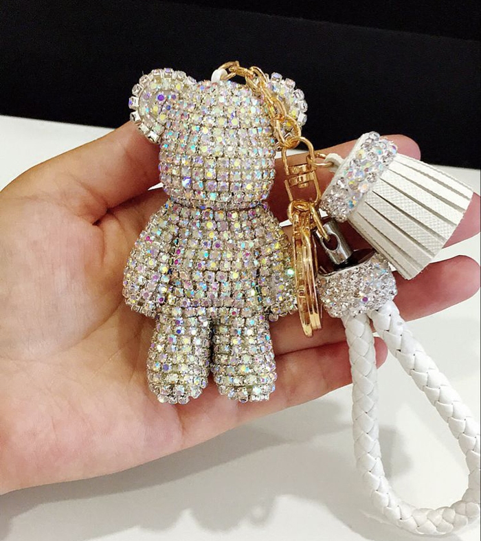 韩国镶钻暴力熊女包挂件装饰品 创意时尚水晶狐狸毛球钥匙扣挂件