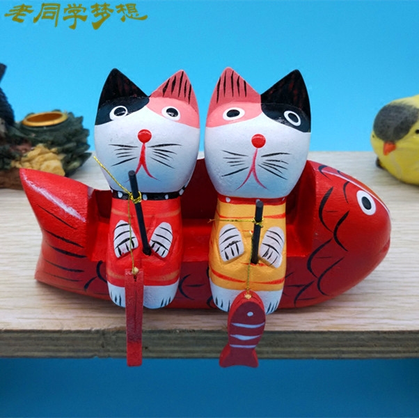 木质招财小猫咪置物架渔船