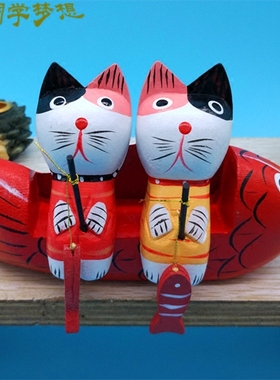 木质招财小猫咪置物架渔船