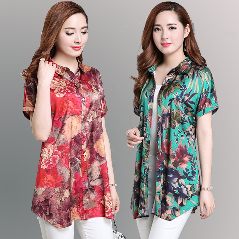 2018 Summer new Short sleeved Real silk print shirt Mid length version V-neck middle age mom Easy Large jacketin the Women's clothing/Boutique , Shirt  category - from Buy2taobao.com to provide professional Taobao agent buy service