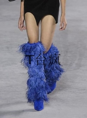 silla rulers女靴 鸵鸟毛 长靴 真皮 走秀 夜店鞋 高跟10厘米羽毛