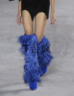 silla rulers女靴 鸵鸟毛 长靴 真皮 走秀 夜店鞋 高跟10厘米羽毛