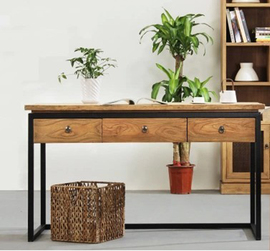 美式实木书桌复古铁艺，办公电脑桌带抽屉，欧式书房工作台简约写字台