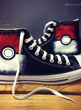 神奇宝贝手绘鞋口袋妖怪Pokeball精灵球涂鸦帆布鞋男女高帮板鞋