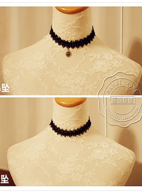 复古时尚风黑色镂空蕾丝短项链