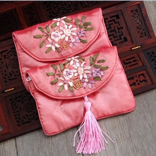 丝绸首饰袋 民族风手工绣花拉链流苏高档锦囊小布袋粉红色