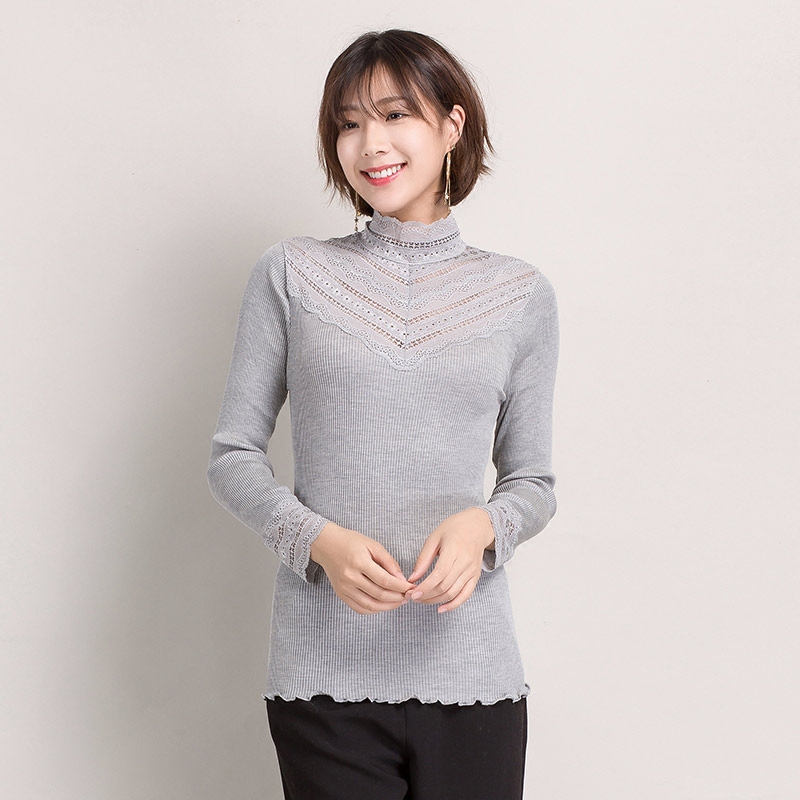 黑色高领丝绵秋衣春秋打底衫女2018新款长袖超弹款蕾丝百搭上衣薄