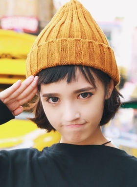 秋冬韩国黄色尖尖顶原宿风百搭针织毛线帽子可爱纯色简约复古男女
