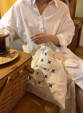 法国Couronnes蓝色字母布袋女布包单肩购物环保帆布袋韩国ins小花