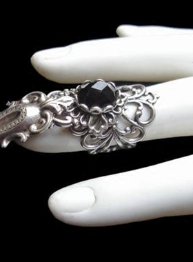 银爪黑色宝石手指甲可调戒指哥特