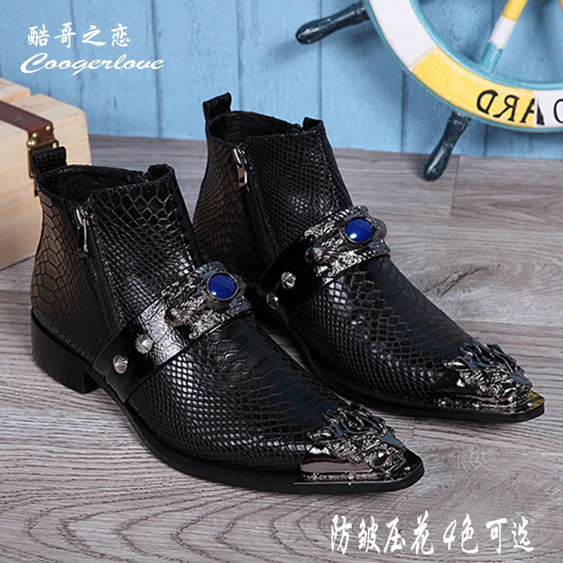 新款高帮韩版潮流shoes尖头鞋黑色压花发型师牛皮增高长筒皮鞋男