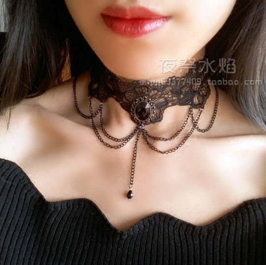 『夜幕之殇』李小璐同款哥特复古宫廷吸血鬼夸张宽黑水晶蕾丝项链