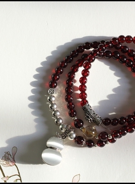 原创设计石榴石925银葫芦手链女