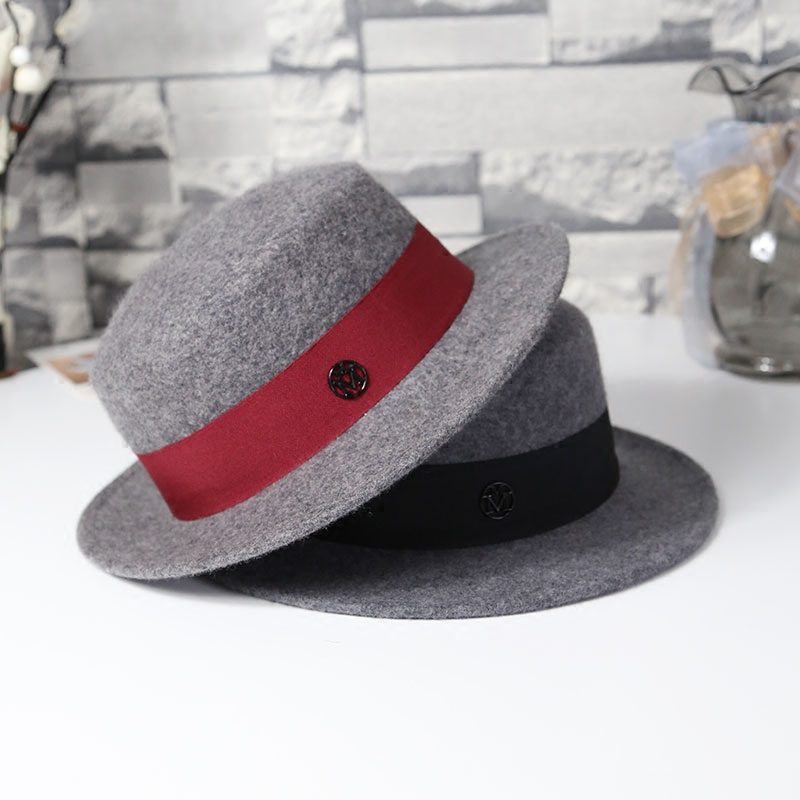 帽子女双m平顶平檐毛呢礼帽女英伦风爵士礼帽新款春秋冬灰色帽子