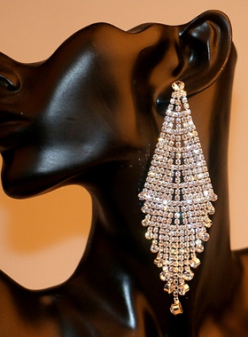 水钻夸张大耳坠长款银色全钻白色新娘耳环婚纱礼服晚宴配饰品耳针