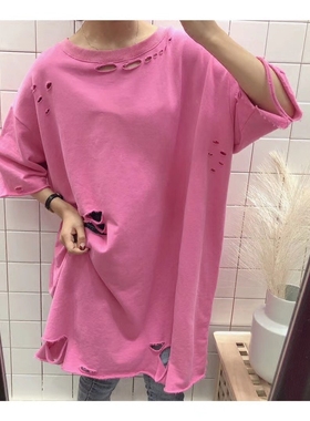 sunflower春夏季女装韩版ulzzang中长款破洞纯棉宽松大版短袖T恤