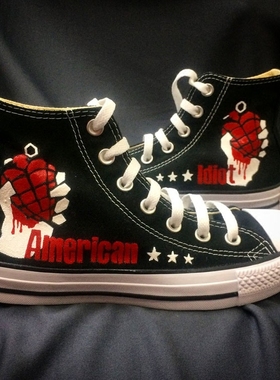 美国朋克乐队绿日手绘鞋American Idiot涂鸦帆布鞋街头潮男女板鞋