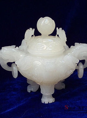 天然正品阿富汗玉九龙鼎摆件羊脂级玉料香炉家居客厅装饰礼品摆设