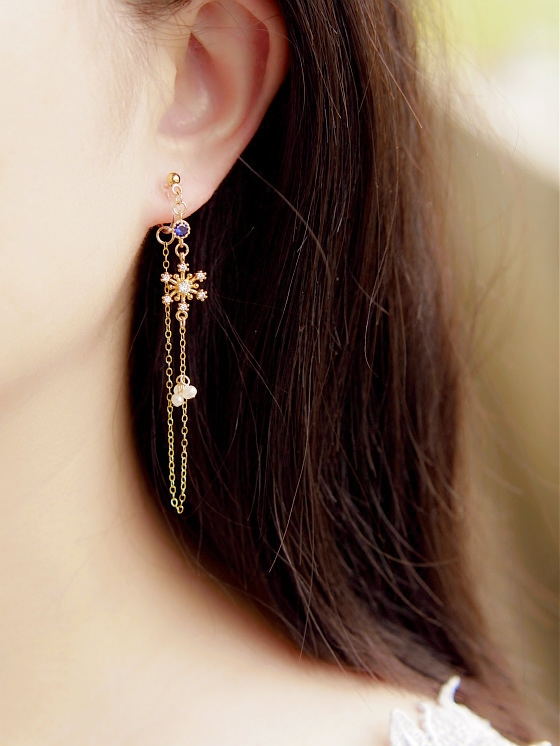 葵子手作 14k包金雪花锆石×淡水珍珠长链条流苏耳钉耳夹 诞生石