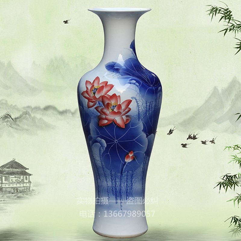 景德镇陶瓷大花瓶客厅落地瓷瓶1米1.6米青花水彩瓷器家居装饰摆件