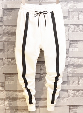 精神小伙快手红人社会裤子白色条休闲运动裤男束脚瘦腿大裆春夏裤