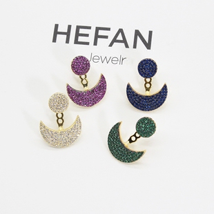 秋冬新款周冬雨同款925纯银镀K金彩色镶彩钻半月亮耳环耳钉女单只