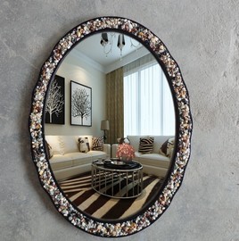北欧式卫浴镜地中海古铜石子壁挂，化妆椭圆形浴室镜子装饰镜玄关镜
