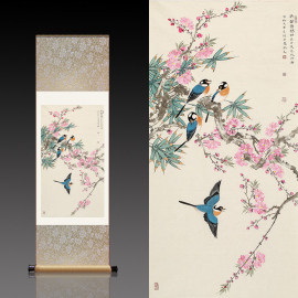 名家国画卷轴画丝绸字画，书房客厅装饰招财，花鸟画早春竟艳桃花四喜