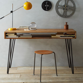美式实木家具创意简约loft铁艺风格工作台，移动田园台式办公桌
